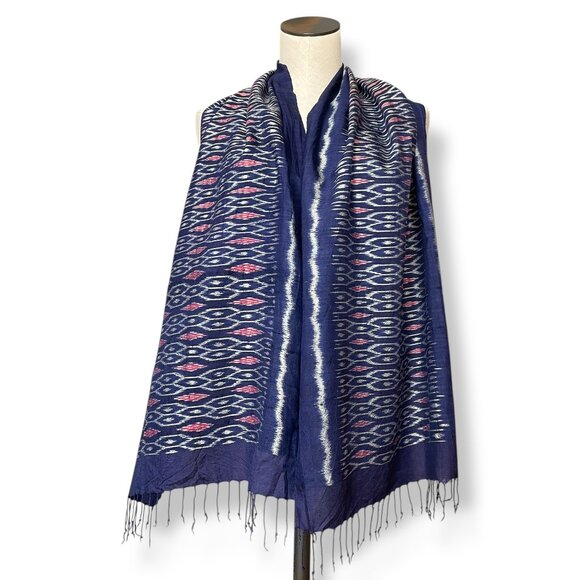 Ikat Scarf Fringe‎ Rectangular Long Blue White Pink Casual Women Boho - Picture 1 of 10